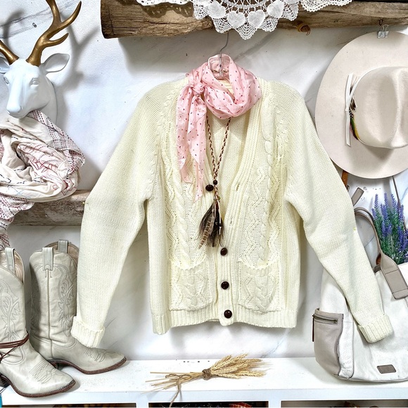 Farmhouse patchwork boho cable knit sweater w prairie granny cabin vibe - Picture 7 of 15